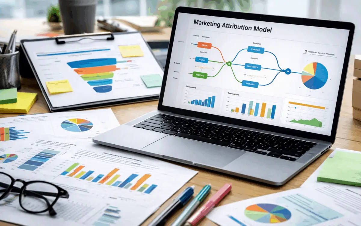Revenue operations workspace with attribution dashboards displayed on a laptop and printed performance reports on a desk