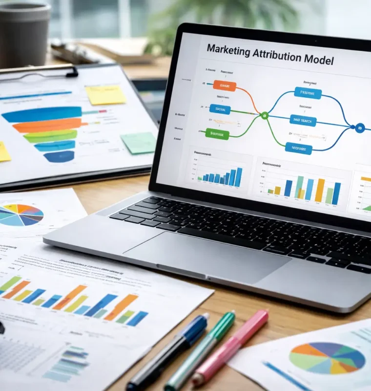 Attribution Analysis in a Modern Revenue Ops Workspace Revenue operations workspace with attribution dashboards displayed on a laptop and printed performance reports on a desk