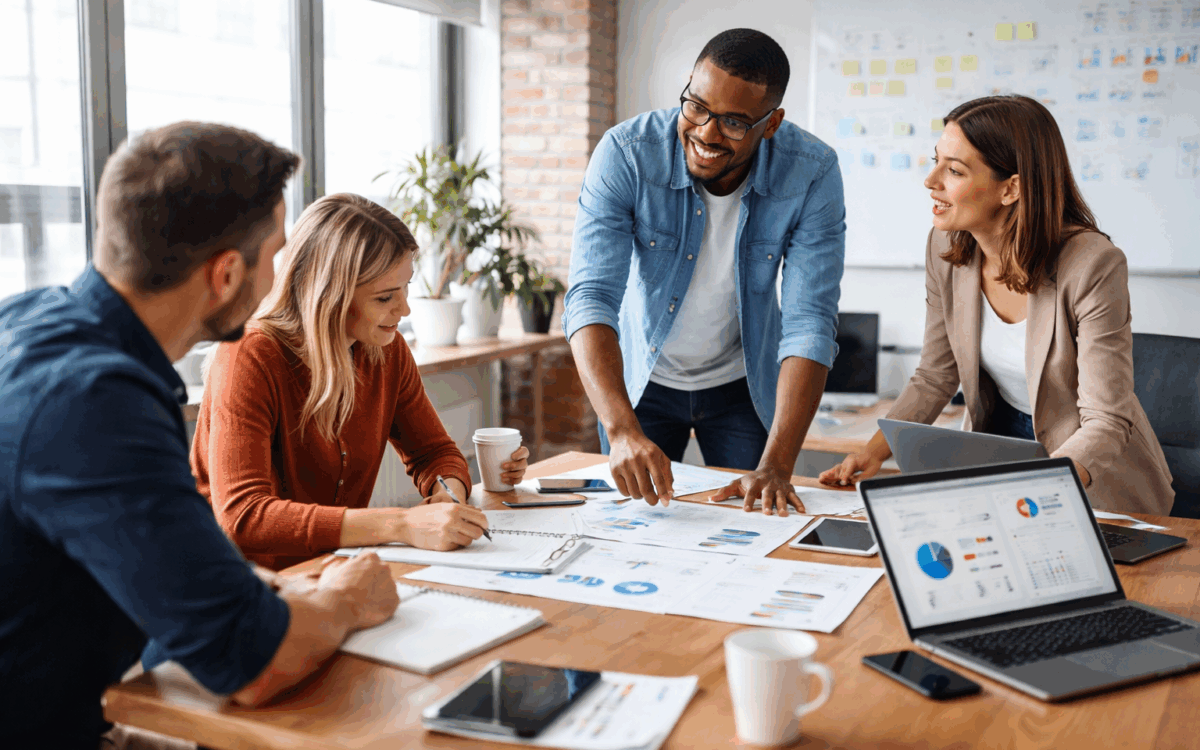 Revenue operations team collaborating around a table to align on processes, roles, and performance data in a modern office