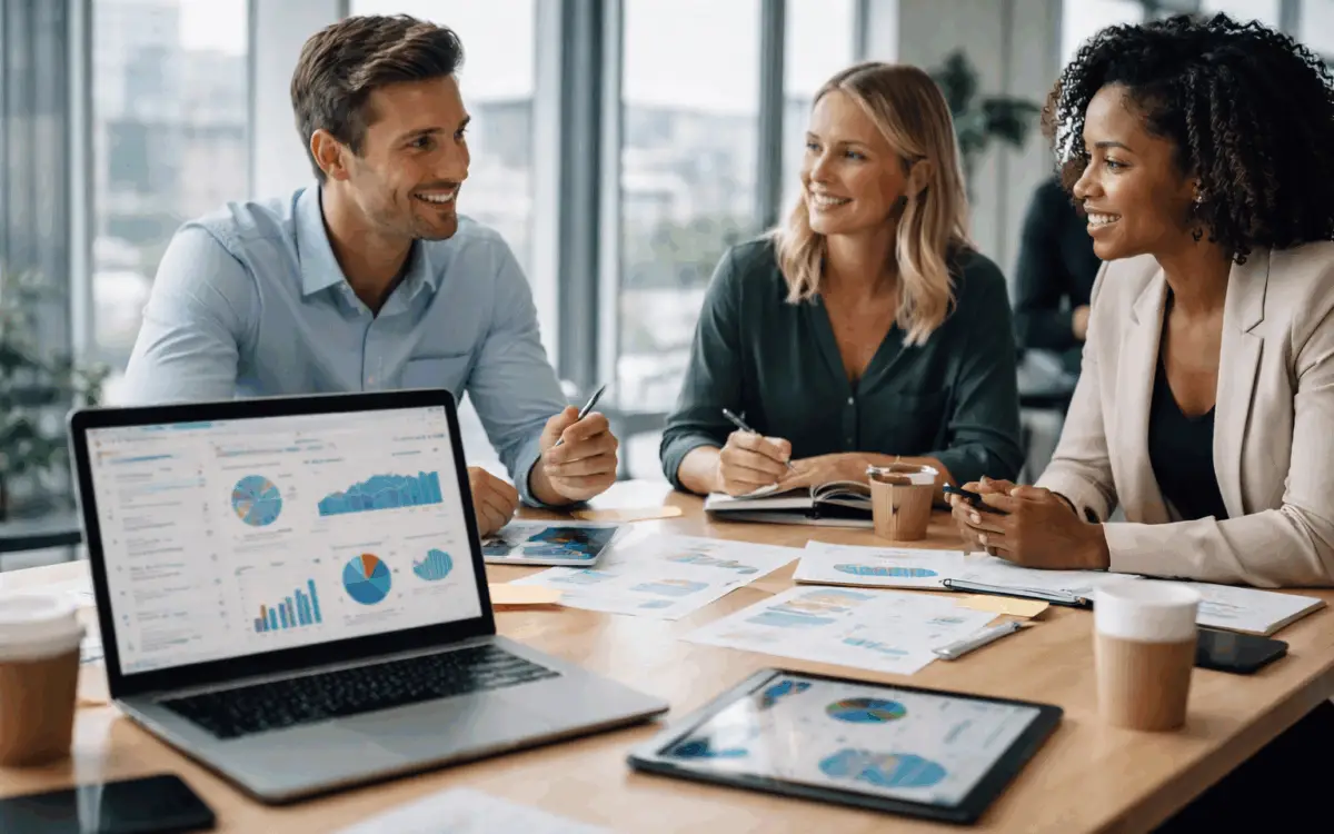 Revenue operations professionals collaborating around Salesforce dashboards and performance data in a modern office