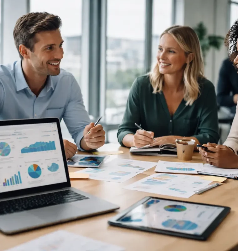 Revenue Operations Team Reviewing Salesforce Data Strategy Revenue operations professionals collaborating around Salesforce dashboards and performance data in a modern office