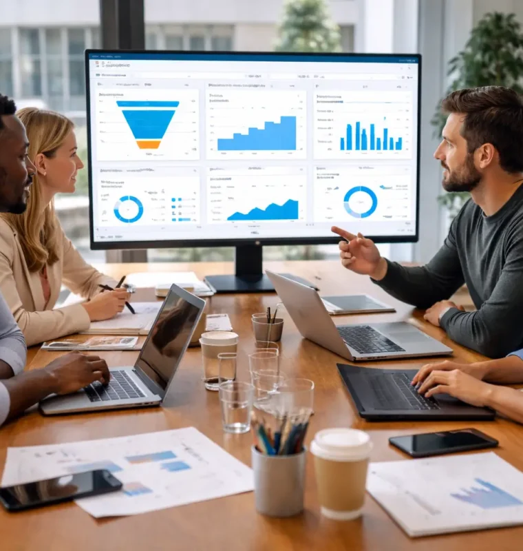 Revenue Operations Team Reviewing Technology Strategy Revenue operations professionals reviewing Salesforce dashboards and technology performance metrics during a strategy session