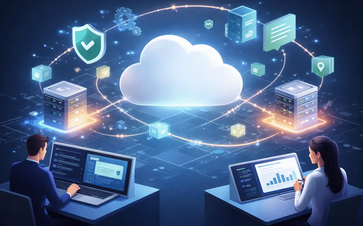Illustration of secure Salesforce integrations showing applications and data systems connected through a centralized platform.