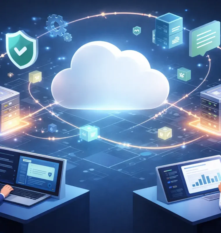 Salesforce Integration Architecture Transition Illustration of secure Salesforce integrations showing applications and data systems connected through a centralized platform.