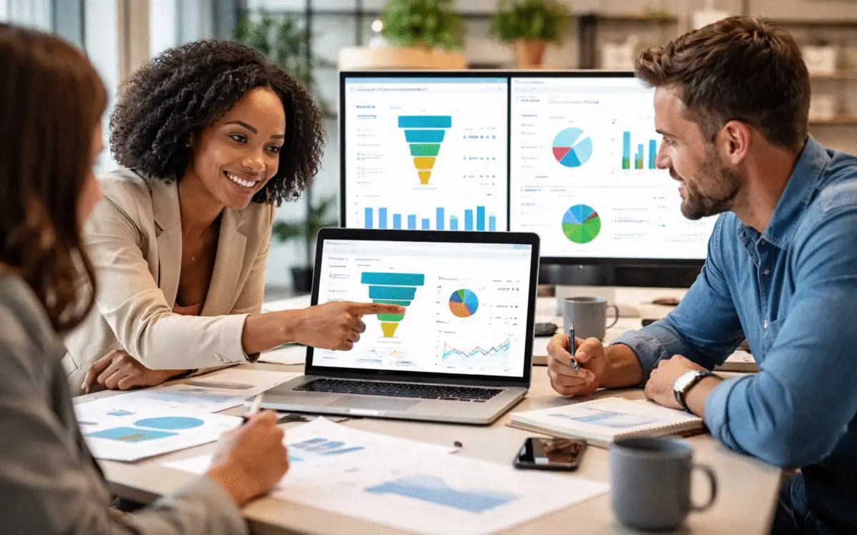 Three revenue operations professionals reviewing sales funnel and performance dashboards on a laptop and monitors during a strategy meeting.