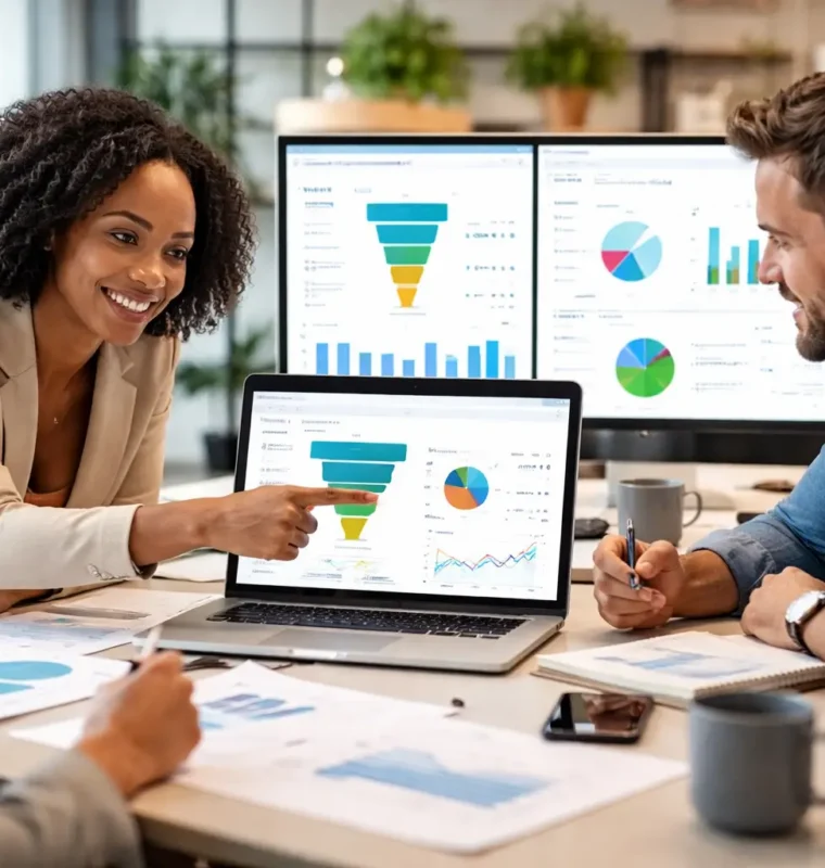 RevOps Team Reviewing Funnel Performance to Lower CAC Three revenue operations professionals reviewing sales funnel and performance dashboards on a laptop and monitors during a strategy meeting.