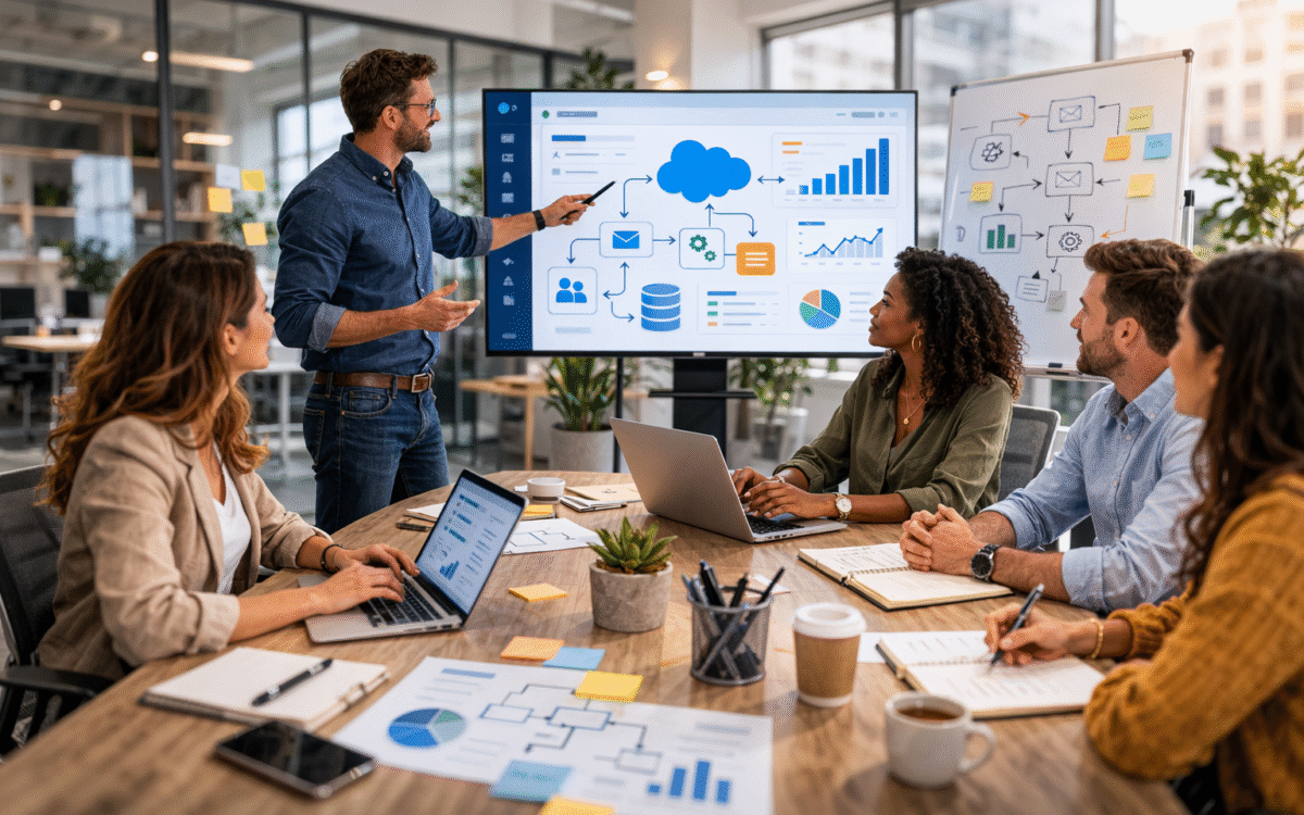 Revenue operations team reviewing dashboards and implementation plans during a Salesforce strategy meeting in a modern office.