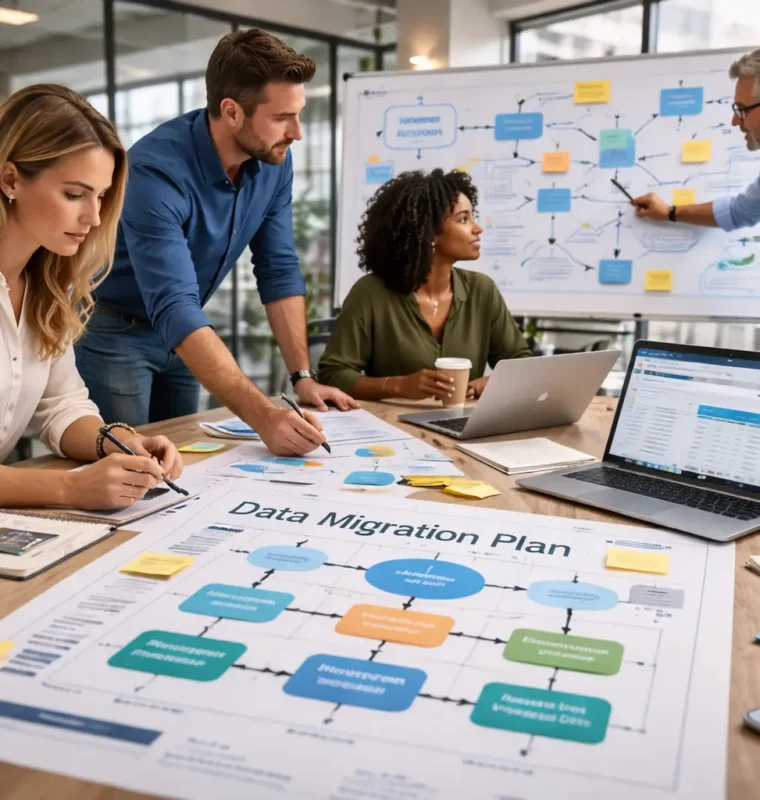 Salesforce Data Migration Strategy Session Revenue operations team collaborating on Salesforce data migration planning in a modern office with dashboards and workflow diagrams.