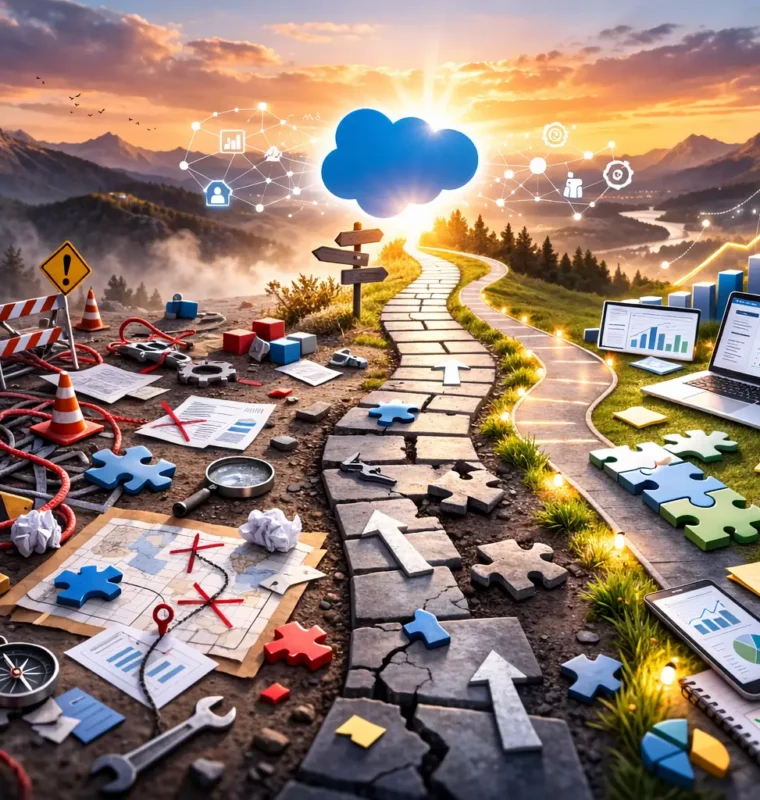 From Implementation Chaos to Revenue Clarity Conceptual illustration of a broken path made of puzzle pieces transforming into an organized, data-driven road toward growth and success.