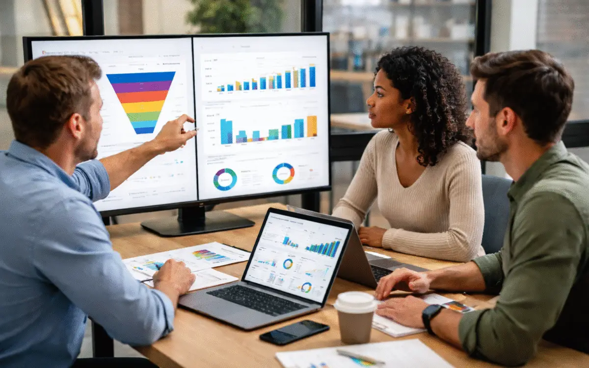 Three revenue operations professionals meeting in a conference room, reviewing sales funnel and performance charts on monitors and a laptop.