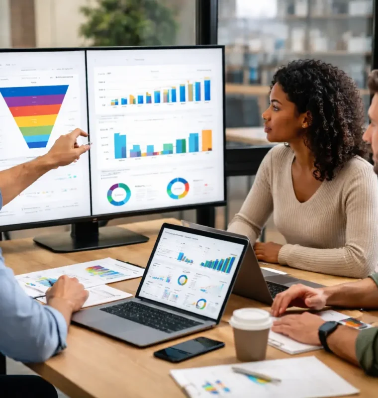 Three revenue operations professionals meeting in a conference room, reviewing sales funnel and performance charts on monitors and a laptop.
