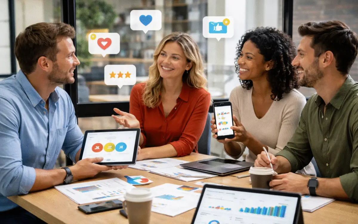 Four professionals collaborating in a meeting, reviewing engagement insights on a tablet and phone with floating social reaction icons above them.