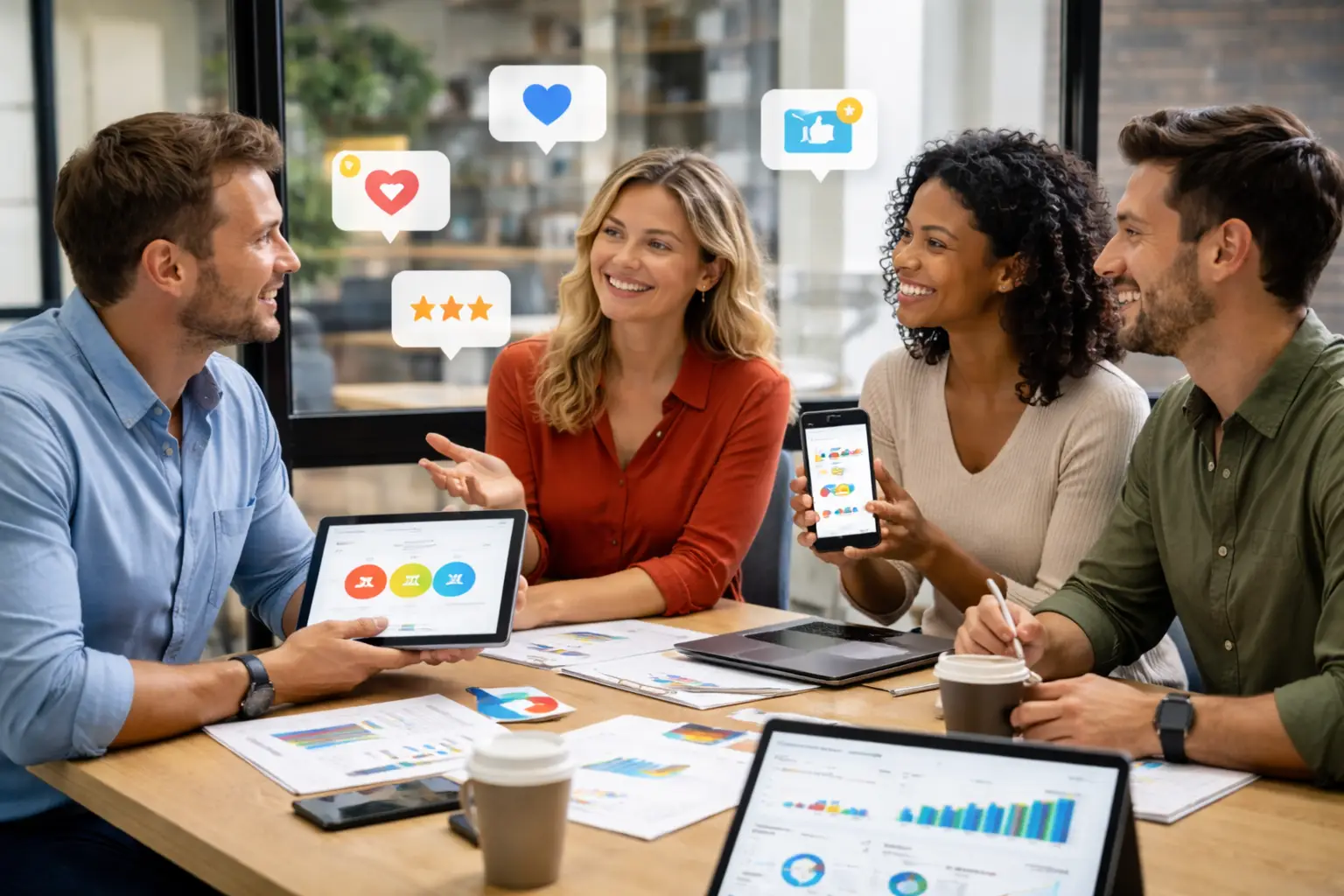 Four professionals collaborating in a meeting, reviewing engagement insights on a tablet and phone with floating social reaction icons above them.