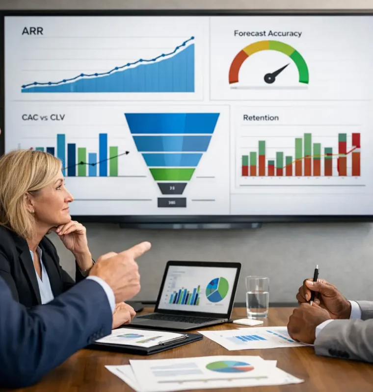 Three executives reviewing revenue and performance dashboards showing growth trends, pipeline health, forecast accuracy, and retention metrics.