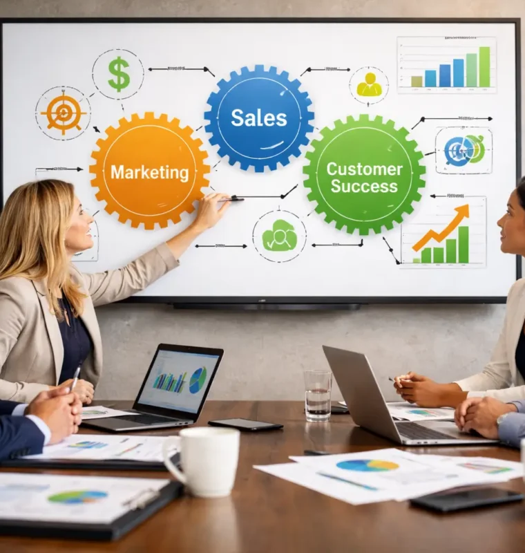 Revenue leaders collaborating in a meeting while reviewing a visual showing alignment between sales, marketing, and customer success.