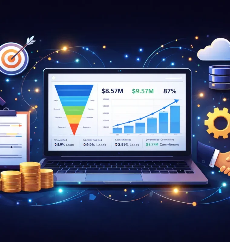Illustration of a revenue forecasting dashboard with graphs and numerical indicators representing pipeline performance and forecast trends.
