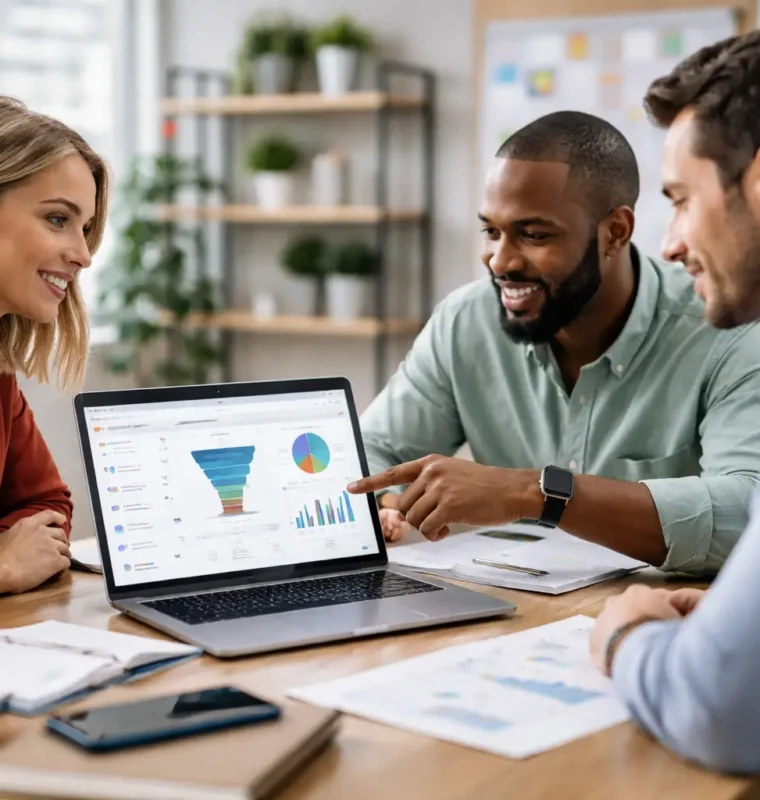 Three business professionals reviewing sales pipeline data on a laptop during a team meeting