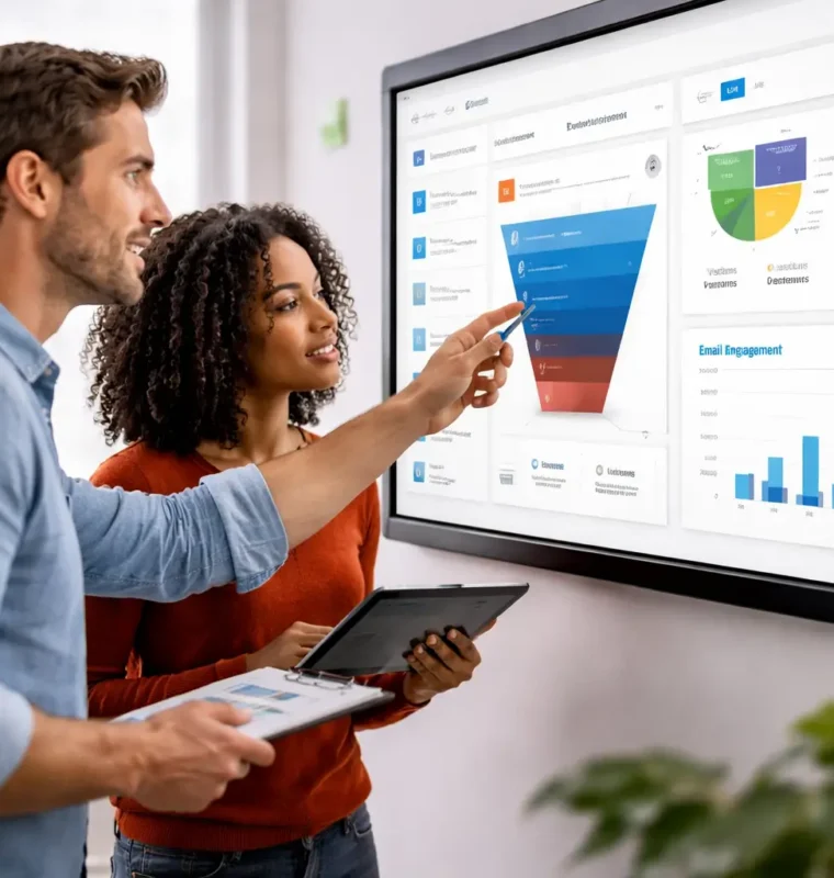 Two professionals reviewing marketing funnel and campaign analytics on a large digital screen