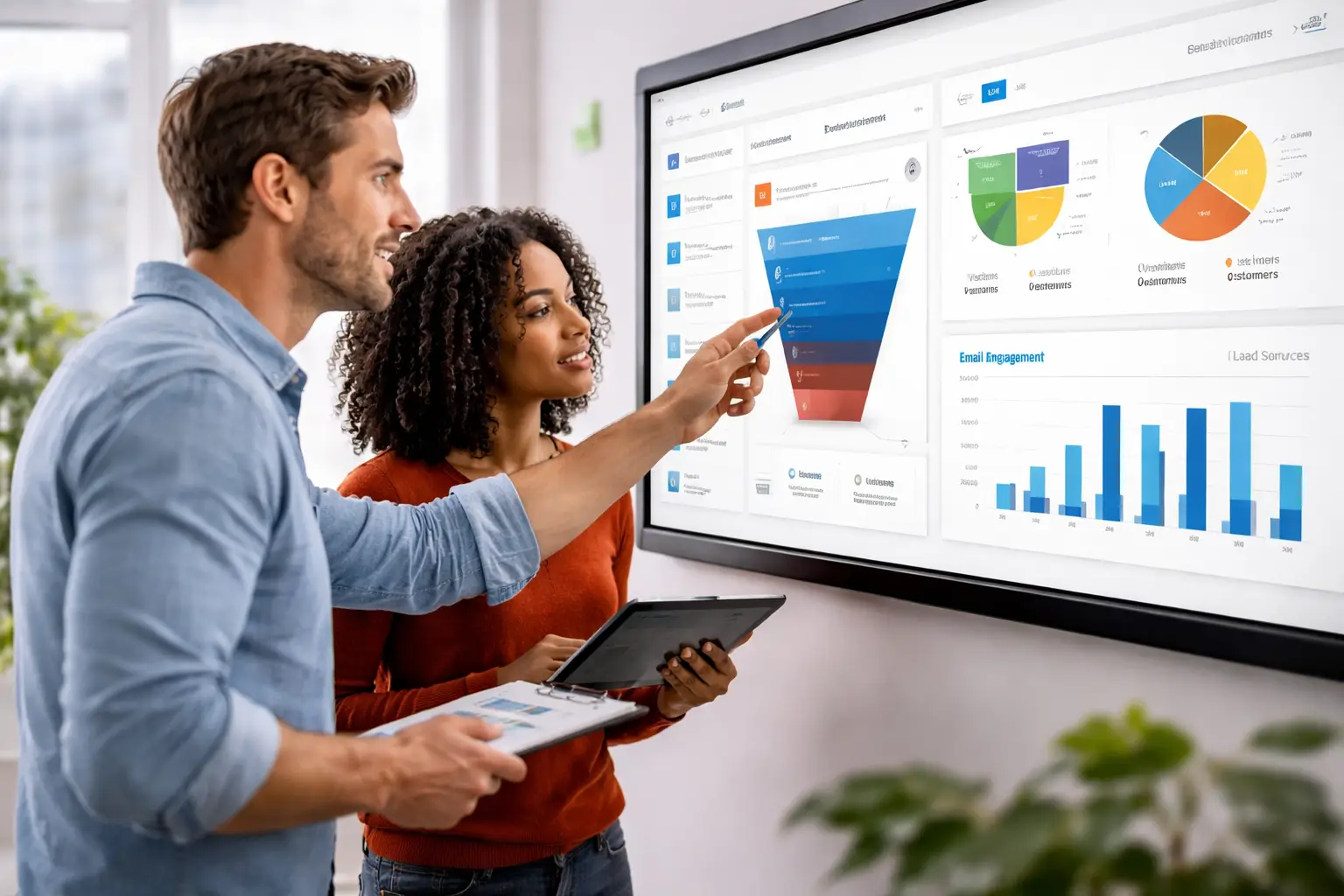 Two professionals reviewing marketing funnel and campaign analytics on a large digital screen