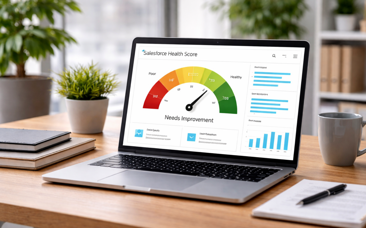 Laptop displaying a CRM dashboard with funnel, data quality, and performance charts on a desk