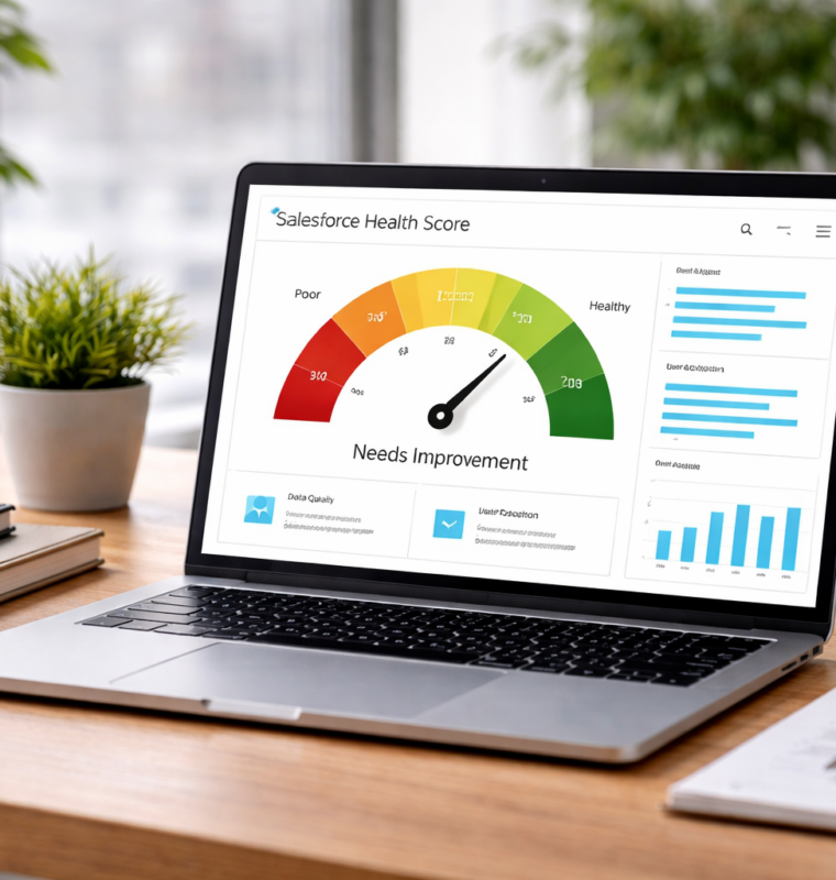 Laptop displaying a CRM dashboard with funnel, data quality, and performance charts on a desk
