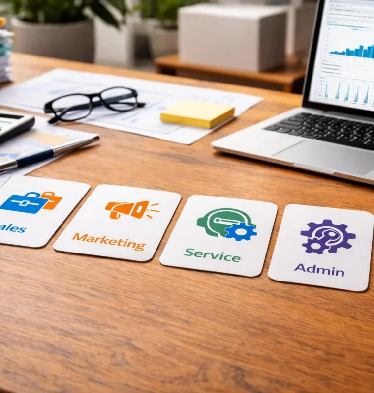 Five role cards labeled Sales, Marketing, Service, Admin, and Executive on a desk with laptop and reports