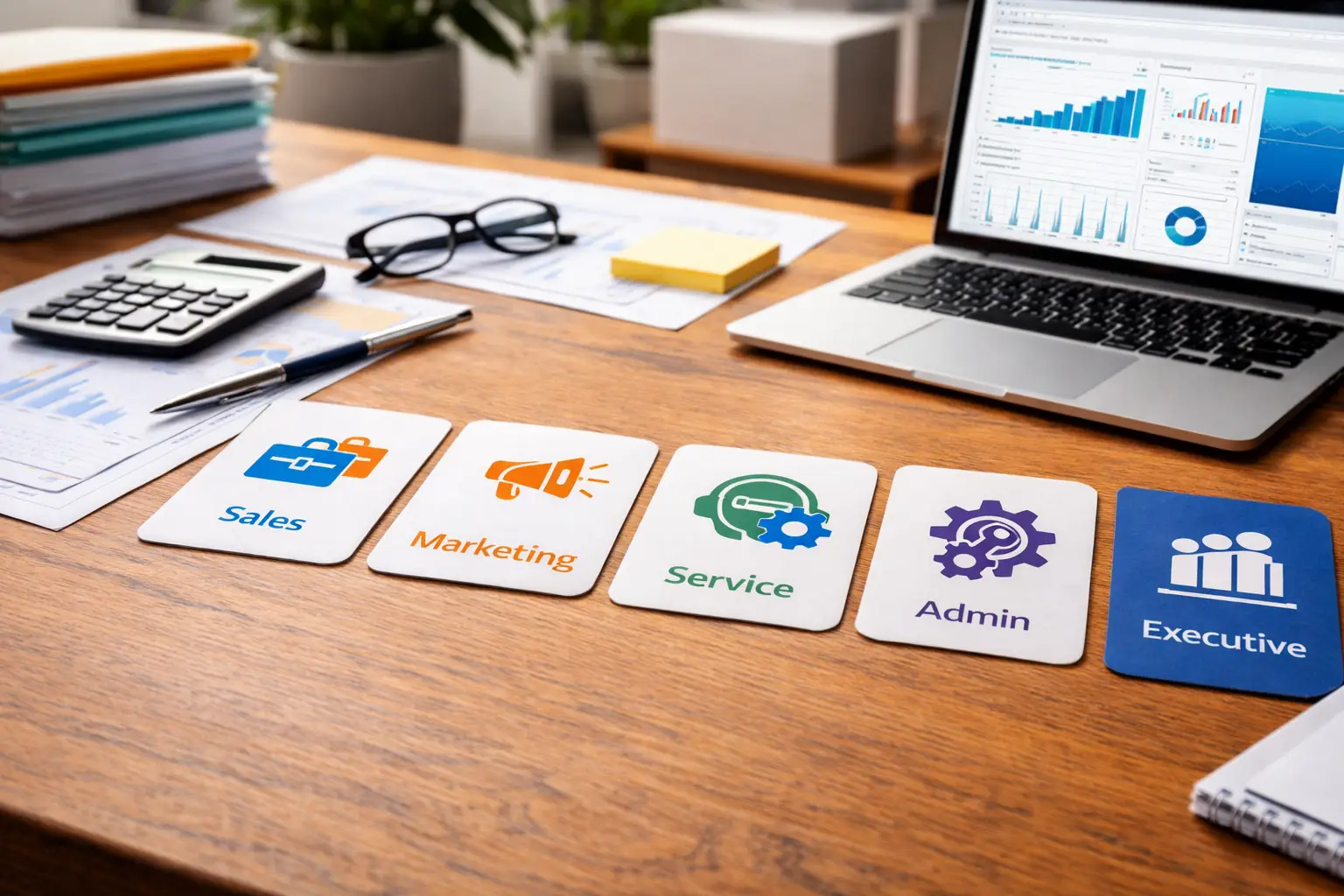 Five role cards labeled Sales, Marketing, Service, Admin, and Executive on a desk with laptop and reports