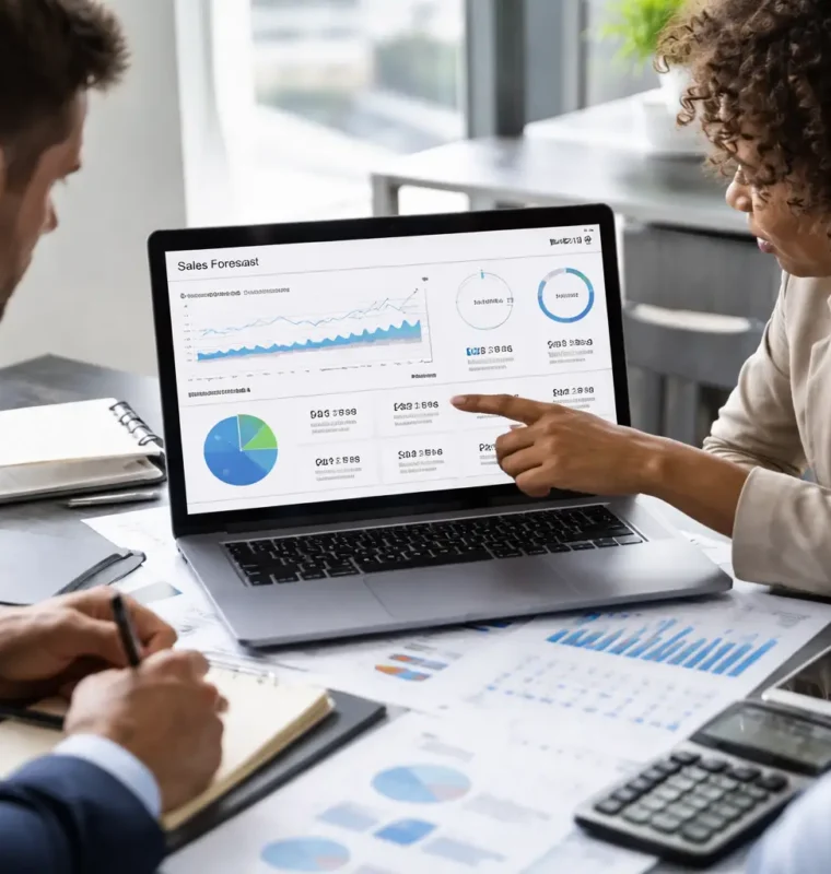 Team analyzing sales forecast charts and performance metrics on a laptop during a meeting