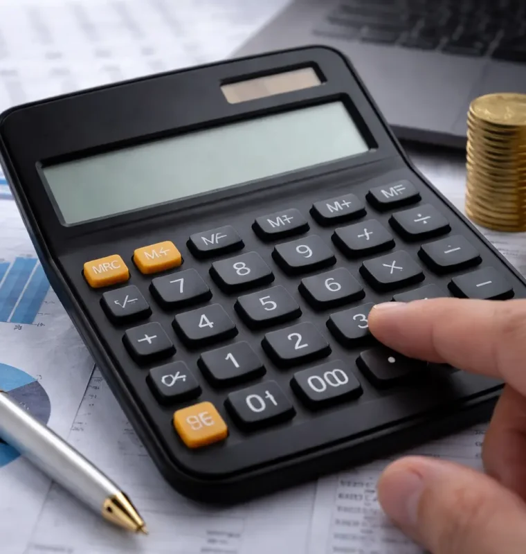 Calculator on financial reports with charts, coins, and a pen on a desk