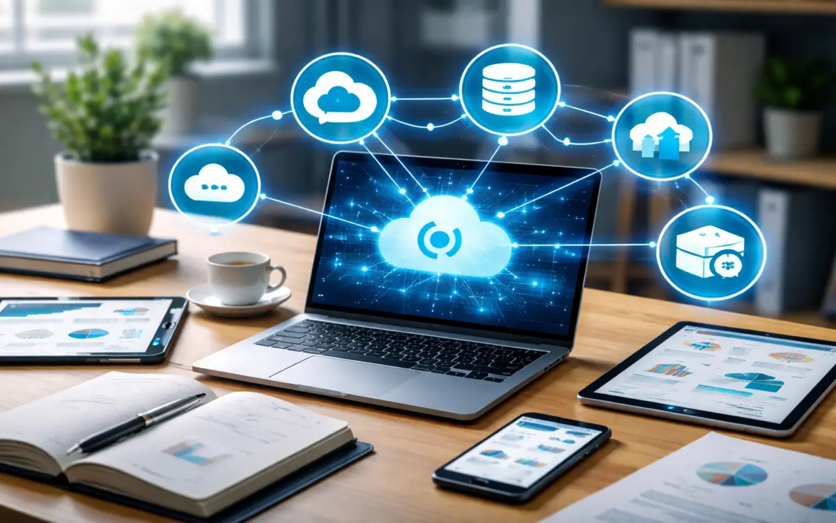 Laptop displaying cloud data integration with connected business systems representing Salesforce and MuleSoft integration across revenue tools