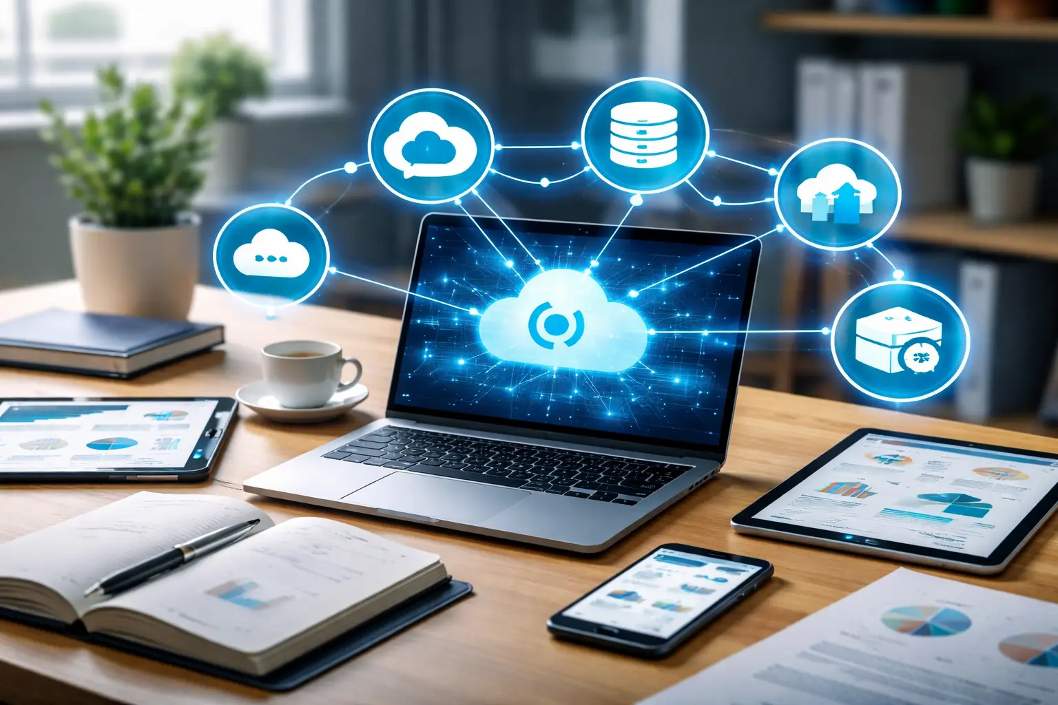 Laptop displaying cloud data integration with connected business systems representing Salesforce and MuleSoft integration across revenue tools