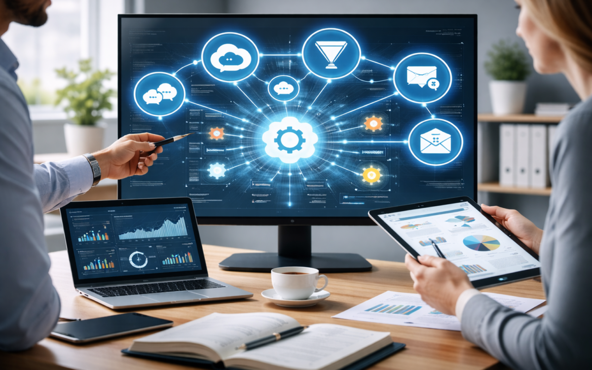 Revenue operations team reviewing automated workflows and analytics dashboards in Salesforce on a large screen