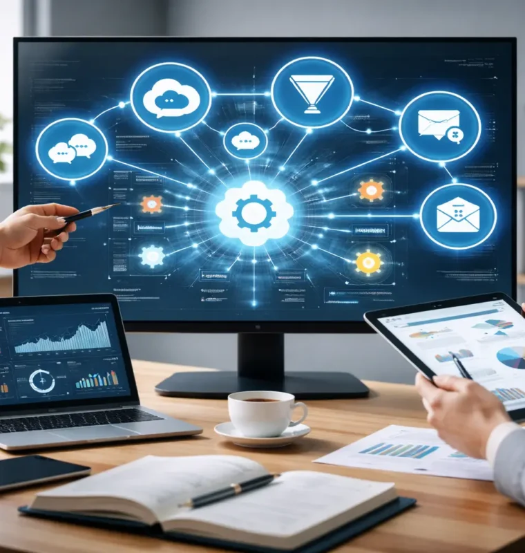 Revenue operations team reviewing automated workflows and analytics dashboards in Salesforce on a large screen