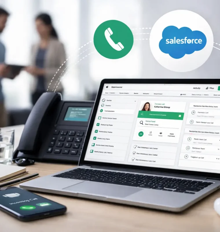 Laptop displaying a Salesforce interface with call activity alongside a smartphone and desk phone in a modern office setting