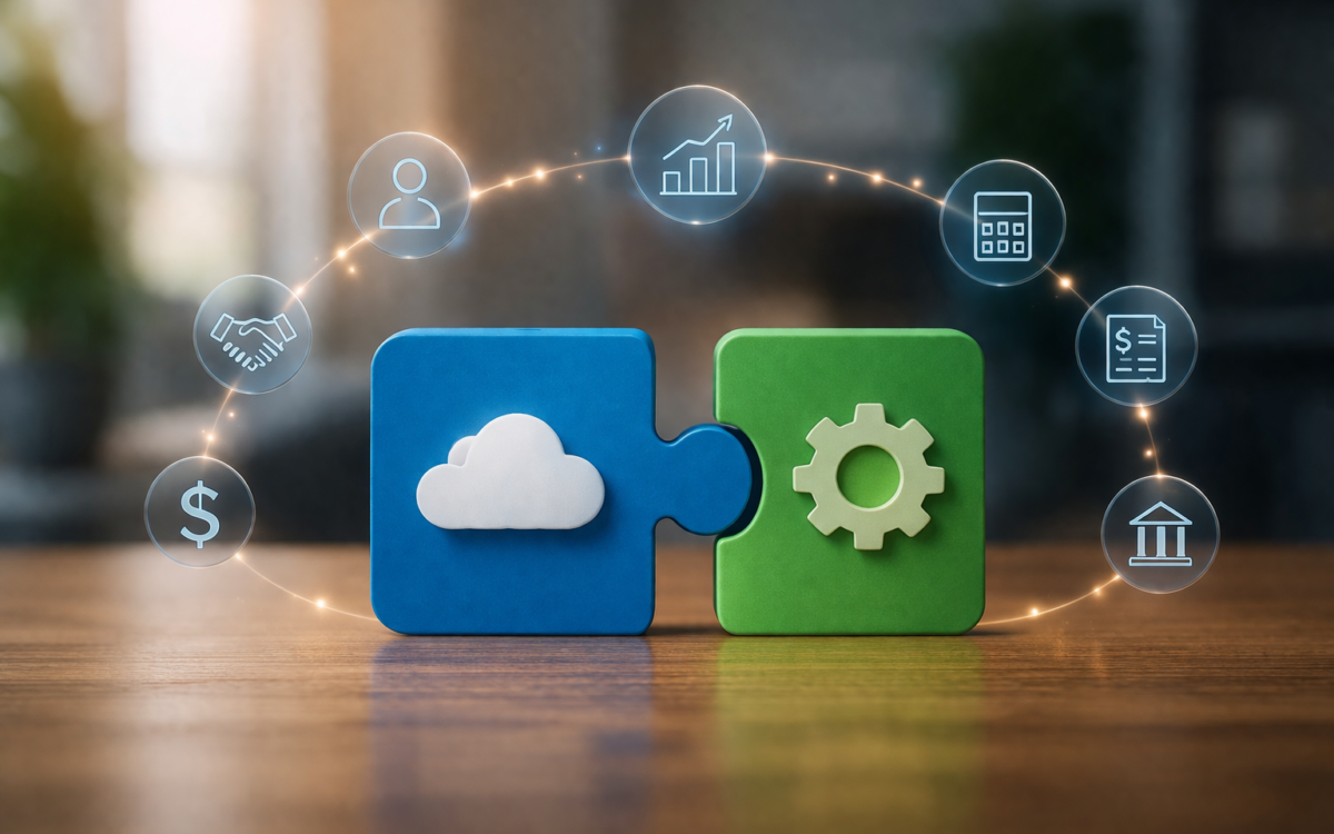 Two puzzle pieces with cloud and gear icons connecting to represent Salesforce and ERP integration