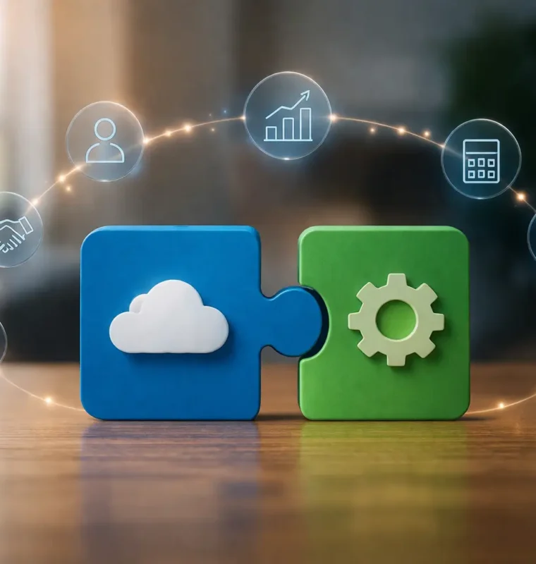 Two puzzle pieces with cloud and gear icons connecting to represent Salesforce and ERP integration
